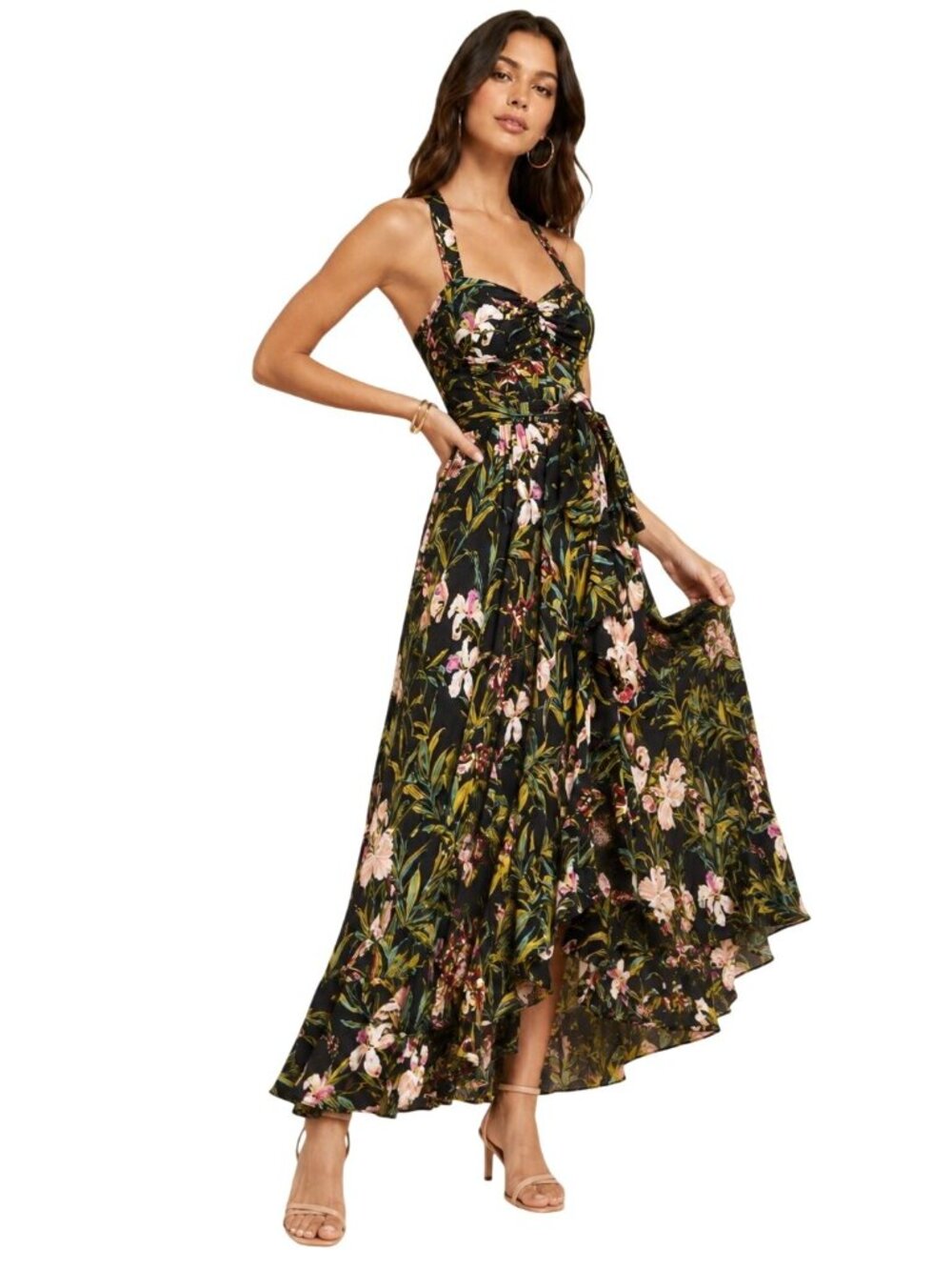 Anthropologie Maeve Gabriela Ruffled Black Floral Maxi Sweetheart Neck Dress L